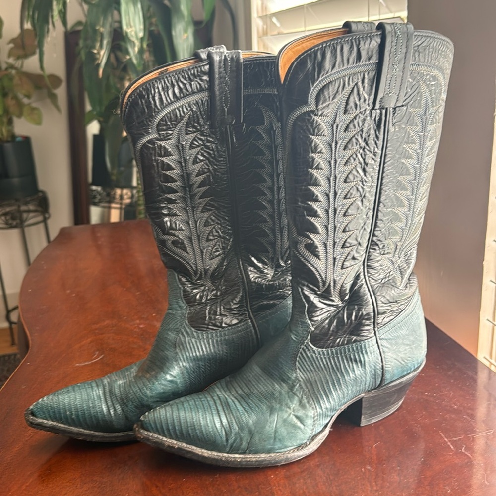 Real Leather Cowboy Boots, Iguana leather, blue + black, Western Wear!
